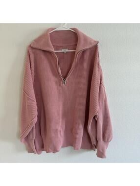 Aerie Beyond Quarter Zip Knit Sweater Pink Sz L Cozy Loungewear